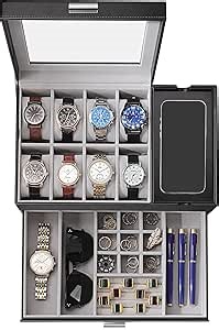 Watch Box, Watch Case for Men, 8 Slot Watch Display Case with Glass Lid, Large Watch Holder Organizer, Sunglass Storage Organizer for Watch, Ring, Jewelry, Gift Idea, PU Leather (Black)