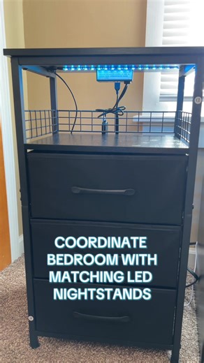 Bedside table with charging station, 3-drawer nightstand with LED ambient lighting, side table featuring USB ports and power outlets, open shelving, 3 fabric storage drawers with PU coating, bedroom nightstand, black two-piece set