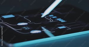 Person uses tablet and stylus to navigate digital file system of cloud. Data management, backups, communication of global computer networks