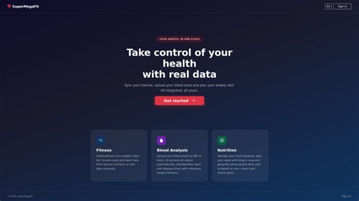 SuperMegaFit: All-in-one AI health platform for fitness syncing, blood analysis, and nutrition planning.