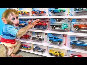 Monkey Baby Bon Bon doing shopping in Toy Cars store and eat watermelon with the puppy