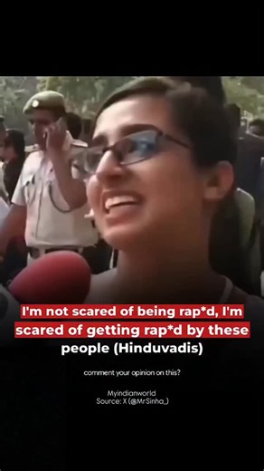 @myindianworld on Instagram: "A video from a Delhi University protest has exploded online, featuring law student Swati Khanna declaring, “I’m not scared of being raped, I’m scared of getting raped by these people (Hinduvadis).” Shared widely on X and Instagram by accounts like IG/MrSinha_ and IG/sarcasmicguyy, the clip has garnered over 3.7 lakh views and thousands of likes in a day. Critics label it hate speech and anti-Hindu propaganda, questioning how such views persist in educational spaces.