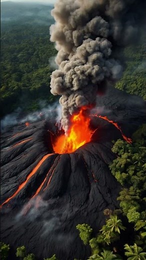 Volcano Erupts in Lush Jungle: Aerial View of Nature’s Wrath