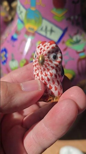 Herend Porcelain Miniature Owl Figurine with Raspberry Fishnet