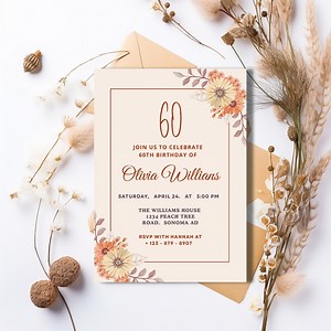60th Birthday Invitation | Editable Canva Template | Floral Digital Party Invite - Digital Download and Printable (5x7) - Etsy