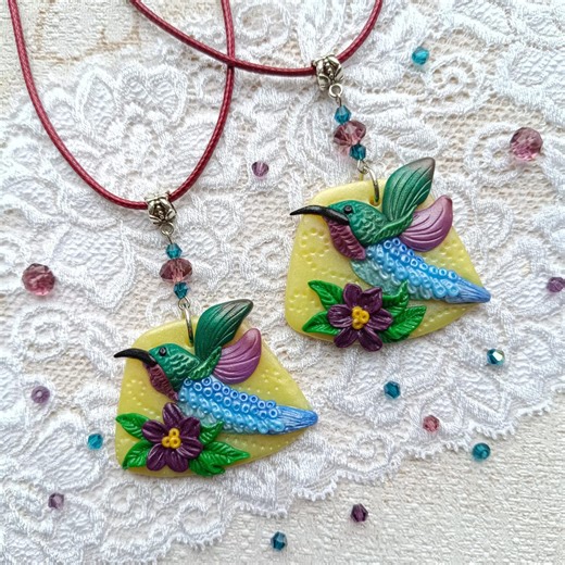 Valentine's Day Hummingbird Necklace With Flower, Polymer Clay Bird Pendant, Colorful Hummingbird Jewelry - Etsy