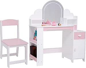 Kids Vanity with 3 Adjustable Lighted, Random Accessories, Wooden Kids Vanity Table and Chair Set with Mirror, 2 in 1 Storage Drawer Kids Makeup Vanity, Pretend Play Vanity for Toddlers -White