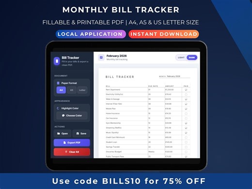 Monthly Bill Tracker | Fillable & Printable | Auto-generate Clean Pdfs | A4, A5, Letter | 9 Colors | Instant Download - Etsy