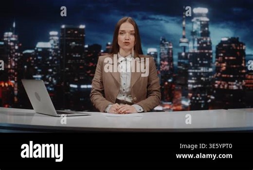 Professional Female News Anchor Delivers Evening Broadcast From Modern Studio Desk With Illuminated City Skyline Background. Credibility, Journalism Integrity, Prime Time Television News Production Stock Video Footage - Alamy