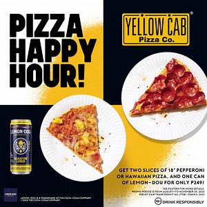 7.4K reactions · 184 shares | Happy Hour is happiest with pizza! Get two slices of 18” Pepperoni or Hawaiian Pizza and one can of Lemon Dou for only P249! Select stores only. T&Cs apply. ASC C0103P072423L | Yellow Cab Pizza Co. | Facebook