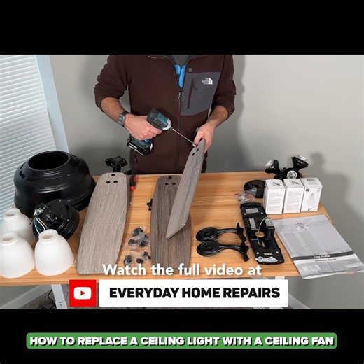 Upgrade that builder-grade ceiling light to a quiet, rock-solid ceiling fan, without attic access. I’ll remove the old light, install a fan-rated brace box, wire everything cleanly with Wago lever nuts, and lock the blade screws with blue threadlocker to kill wobble. Turn power off, follow along, and enjoy a cooler, brighter room. #ceilingfan #diyhomeprojects #HomeImprovement #handyman | Everyday Home Repairs