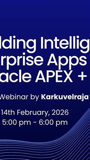 GeoPITS | Remote DBA Support on Instagram: "@geopits_dba 𝐌𝐨𝐧𝐭𝐡𝐥𝐲 𝐎𝐧𝐥𝐢𝐧𝐞 𝐖𝐞𝐛𝐢𝐧𝐚𝐫 𝐄𝐝𝐢𝐭𝐢𝐨𝐧 2026 𝐁𝐮𝐢𝐥𝐝𝐢𝐧𝐠 𝐈𝐧𝐭𝐞𝐥𝐥𝐢𝐠𝐞𝐧𝐭 𝐄𝐧𝐭𝐞𝐫𝐩𝐫𝐢𝐬𝐞 𝐀𝐩𝐩𝐬 𝐰𝐢𝐭𝐡 𝐎𝐫𝐚𝐜𝐥𝐞 𝐀𝐏𝐄𝐗 + 𝐀𝐈 AI is reshaping how enterprise applications are built. Join this webinar to explore how Oracle APEX, combined with AI, enables smarter, faster, and more adaptive low-code applications 𝐖𝐡𝐚𝐭 𝐘𝐨𝐮 𝐆𝐚𝐢𝐧: Intelligent Apps Smart Automation Business Agility 𝐃𝐚𝐭𝐞: F