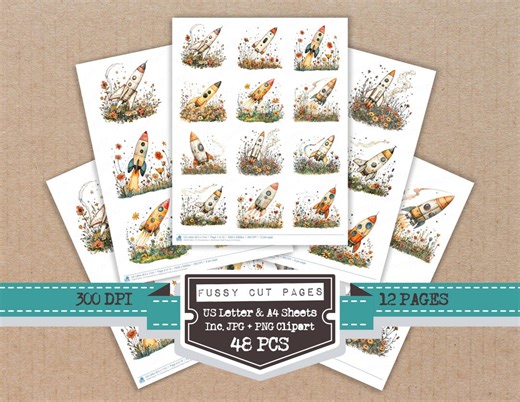 Rocketship in Wildflower Field Fussy Cut Sheets, 12x Printable Pages, Space Adventure Cut Outs, Junk Journal Ephemera, Print and Cut, - Etsy