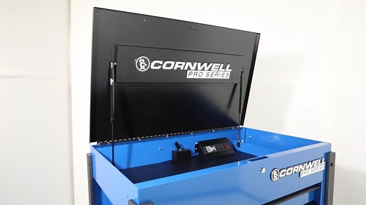 Cornwell Tools PRO SERIES® 6 Drawer Flip Top Cart. Shown here in Corporate Blue. Available in 7 color options. 120V power strip with (3) outlets and (2) USB ports. Dual 30 lb. gas shocks. Lid will move to open position once the unit is unlocked. Cutout on sides for large tool storage. 6” x 2” casters - (2) rigid and (2) swivel rated at 900 lbs. each. Overall capacity: 5,359 sq.-in./24,817 cu.-in. On sale through the end of August. Grab one today! | Cornwell Quality Tools