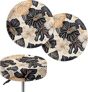 Hibiscus Print 2 Pieces Bar Stool Covers, High Elastic Anti-Slip Stool Cushion Slipcovers, Washable Round Stool Seat Covers for Round Chairs, 12-16 Inch