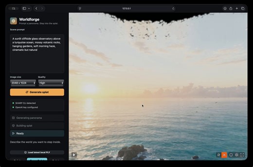 Codex con GPT-5.5 completamente roto.Un prompt para crear una app que genera panoramas equirectangulares con GPT Image 2 y los convierte en mundos de splats gaussianos. Guapísimo.