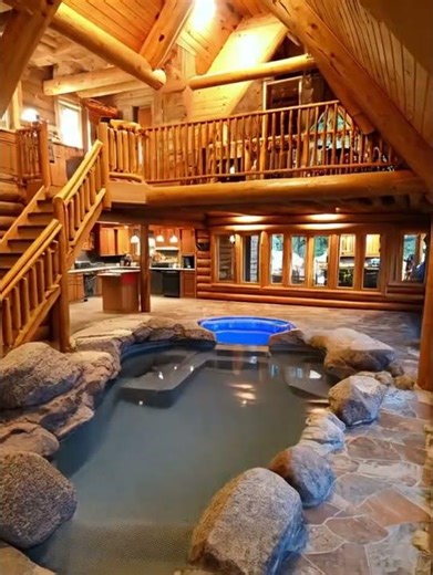Log cabin amazing pool inside