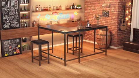 Bar Table and Chairs Set for 2-4, 63'' Convertible L-Shaped Kitchen Table with Power Outlets, 3 Piece Counter Height Small Dining Table with 2 Stools, Space Saving, Breakfast Nook Corner, Black