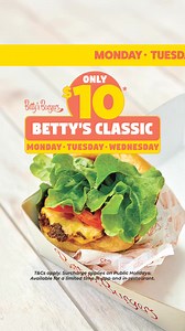 Who doesn’t love an early week pick-me-up? Treat yourself to the iconic Betty’s Classic for ONLY $10 when you order any soft drink, from Monday to Wednesday 🍔 Available for a limited time in-restaurant or in-app via Beach Club. Don't miss out. *Surcharge applies on Public Holidays. | Betty’s Burgers