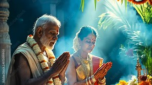 An elderly Indian man and woman perform a ritual in a temple. He dons a garland; she wears a saree and gold jewelry. Sunlight streams in, intensifying the serene atmosphere.