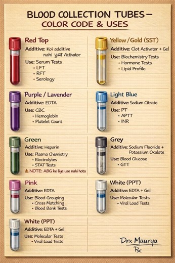 DRx Maurya on Instagram: "Blood collection tubes ke color code aur uses yaad rakhna ab hua easy 💉 Medical students, lab technicians aur healthcare workers ke liye must-save post ✅ DRx Maurya 🧠 Caption 2 (Education Focused) Right tube = Right report ✔️ Blood collection tubes ka complete color code chart Save & Share with your medical friends 💊📚 DRx Maurya 📘 Caption 3 (Simple + Reach Boost) Medical field me ho to ye post aapke liye hai 💉 Blood collection tubes – color, additive aur use Follo