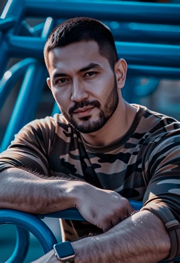 Use image uploaded and generated into Portrait of a strikingly handsome young male model using the 100% physical appearance from image uploaded, maintain his facial details, hair style and body shape unchanged. He is wearing a fitted rolled up longsleeves camouflage t-shirt, leaning casually with both arms resting on vibrant shiny blue metal bridge rings / parallel bars equipment, polished blue bridge apparatus in background with gentle confident expression with a faint charming half-smile. He w