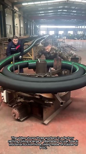 Coiling a Large Industrial Suction Hose in a Factory