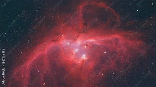 Red nebula expanding and blooming through deep dark space, filmed with a slow zoom-out Volumetric dust and cosmic glow add scale and depth 4K.
