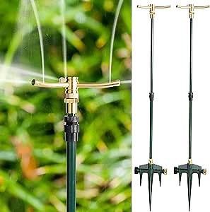 Hourleey 2 Pack Brass Sprinklers for Yard, 3-Arm Rotating Telescoping Sprinkler with Spike, 360 Degree Rotation Garden Lawn Water Sprinkler up to 40 Inches for Large Area