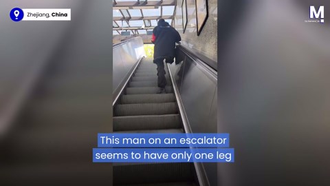 Incredible optical illusion captures 'one-legged' man on escalator