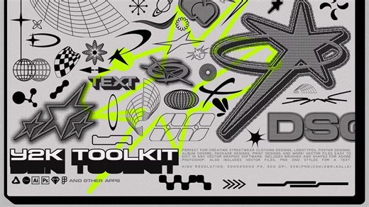 150款复古千禧Y2K美学流行文化像素位图矢量图形设计元素套装 Y2K Toolkit – Vector Shapes, Bitmap,Text Effect