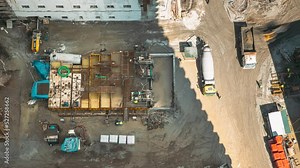 Preparation Of Concrete Mortar At Construction Site. Timelapse Time Lapse Flat View Construction And Development Of Modern Multi-storey Residential Houses. Hd Development Multistorey Residential