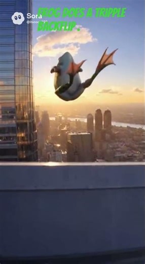 Frog does a triple backflip off a skyscraper.