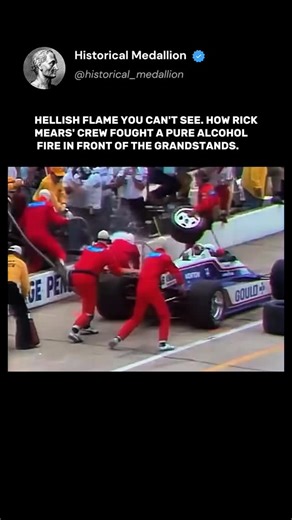 Historical Medallion🎖️ on Instagram: "On May 24, 1981, minutes before the start of the Indy 500, a methanol leak occurred on Rick Mears' car (Penske Racing) — the primary fuel in IndyCar at the time. Methanol flame has low luminosity and is almost invisible in daylight. The fire, reaching temperatures of around 1800°F (1000°C), ignited near the engine and instantly engulfed the rear of the car. Mears' crew, unable to see clear flames, relied only on shimmering hot air and black smoke from burni