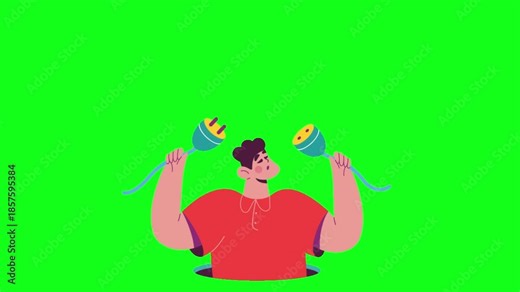A cartoon man wearing a red shirt rises from a hole holding two electrical plugs and attempts to connect them on a green screen