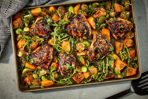 Maple-Miso Sheet Pan Chicken With Brussels Sprouts and Butternut Squash Is Peak Fall