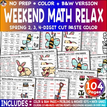 Weekend Relaxing Math 2, 3, 4-Digit Spring Mystery Cut Paste Color Game Activity