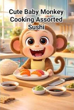 Cute Baby Monkey Cooking Assorted Sushi