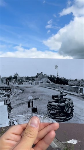 WW2 History - D-Day to Berlin on Instagram: "MP’s Directing Traffic 1944 Then & Now. A Bailey bridge over the River Taute was constructed by the 300th Combat Engineer Battalion in June 1944 to replace the original span demolished by retreating German forces. It was named in honour of Major John Tucker, who was lost while overseeing the bridge’s construction. Today the bridge has been replaced but a memorial to Major Tuckers stands in its place. #thenandnow #ww2 #WWII #carentan #carentan"