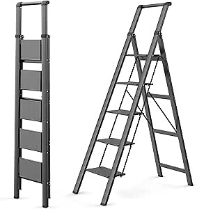 WOA WOA 5 Step Ladder, Ladders for Home, Anti-Slip Pedals, Step Stool Foldable, Lightweight to Move, Ease of Storage, Reach 10ft for Closet Kitchen Library, Hold 300lbs - Black