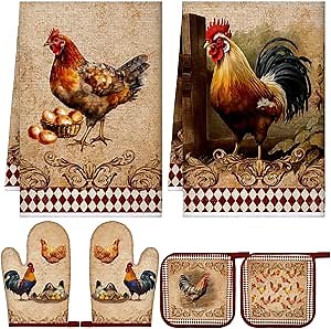 Leinuosen 6 Farm Rooster Farmhouse Kitchen Decor Dish Towels Oven Mitts and Pot Holders Sets Chicken Kitchen Towels Absorbent Decorative Accessories for Cooking Baking Grilling
