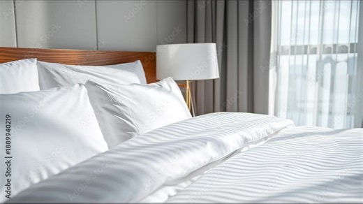Morning Sunlight Fills a Hotel Room With White Linens on a Clean Bed and Soft Pillows Against a Backdrop of Bright Curtains
