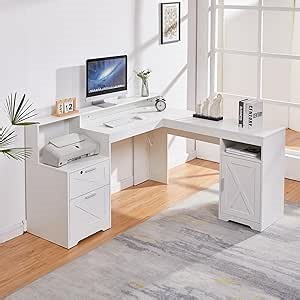 60" L Shaped Executive Desk with Printer Space,Corner Computer Desk with Power Outlets,Lockable Drawers & Adjustable File Cabnet,L Shaped Office Desk with Monitor Stand (White)