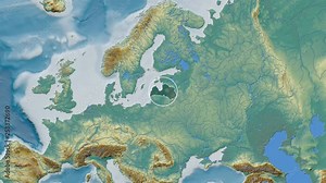Latvia area presented against the global relief map in the Patterson Cylindrical projection with animated oblique transformation