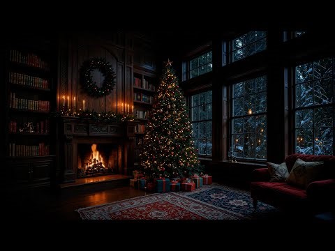 Cozy Christmas Tree Library – Fireplace, Snow & Distant Thunder | Christmas Ambience 4K