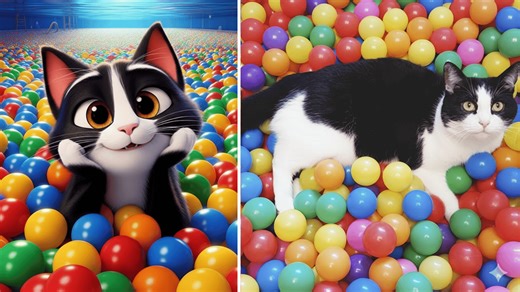 Cat living in a ball pit like a star