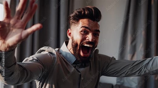 Excited man shouts with strong emotion. His face shows a powerful expression of surprise. This emotional man lets out a loud shout. The man's face is full of intense emotion. Portrait of shock.
