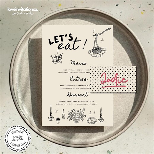 Editable Wedding Menu Template Editable Let's Eat Menu With Place Card Wedding Dining Menu Decor Modern Menu Card Instant Download 2sd - Etsy