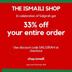170 reactions · 16 shares | Celebrate #Salgirah2019 with 33% off your entire order at #TheIsmailiShop! Use code SALGIRAH at checkout until 19 December 2019. And based on your feedback we have reduced shipping rates even further on most products in the shop! Visit https://shop.ismaili and browse the collection today! #AgaKhan #Salgirah #83 #Ismaili #OneJamat #JubileeArts #DJCelebration #Lisboa2018 | The Ismaili | Facebook