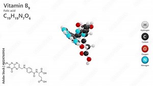 Folic acid or B9 vitamin. Animated 3d model of molecule. Molecular formula: C19H19N7O6. Chemical model: Ball and Stick. White background. 3D rendering. Seamless loop. Stock Video